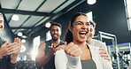Fitness, celebrate and people in gym with applause for exercise, training and workout success. Sports, friends and men and woman clapping hands for wellness achievement, health goals and support