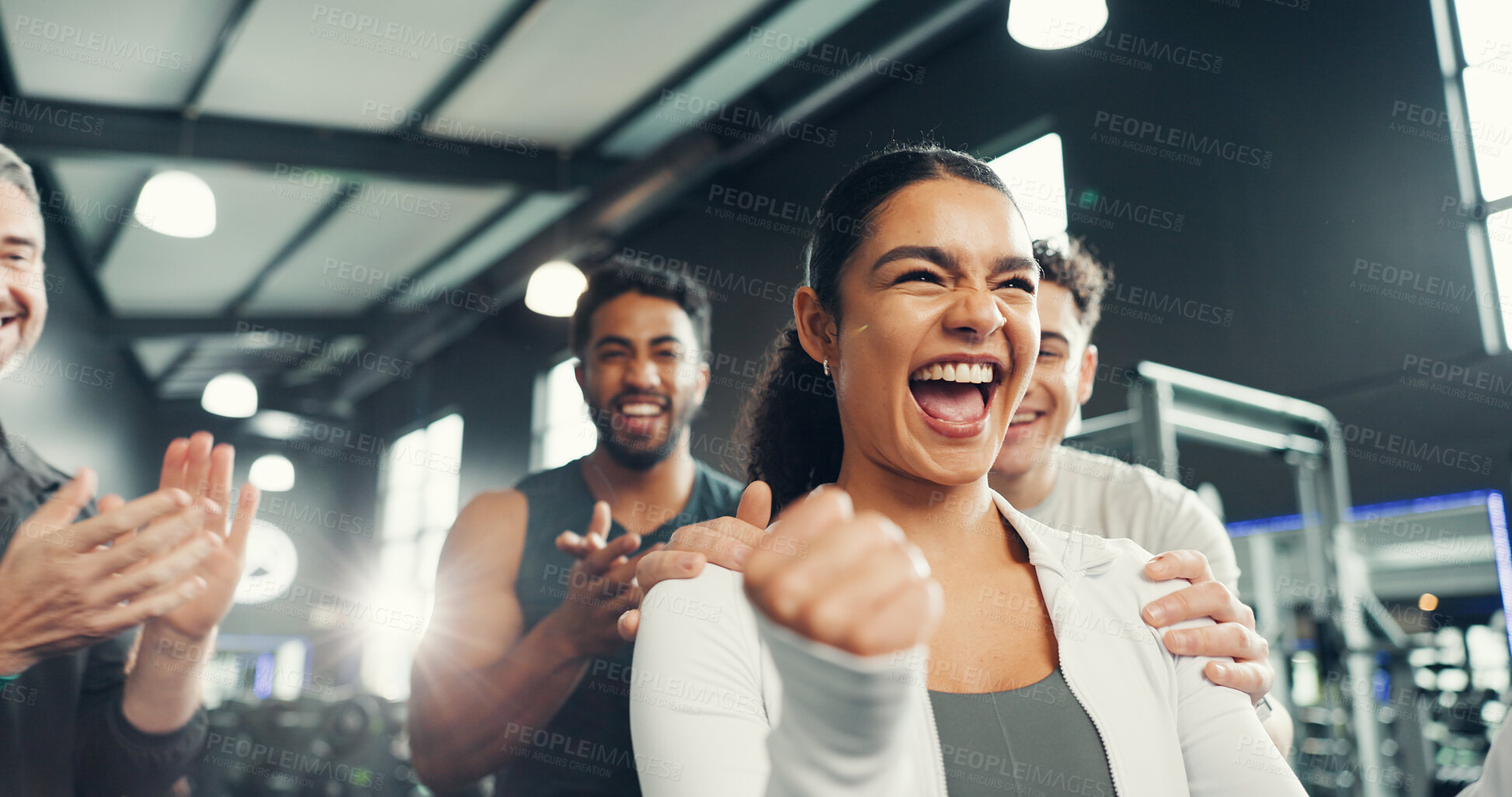 Buy stock photo Fitness, celebrate and people in gym with applause for exercise, training and workout success. Sports, friends and men and woman clapping hands for wellness achievement, health goals and support
