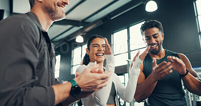 Buy stock photo Fitness, group and applause with support at gym for exercise progress, training milestone and happy. Sports club, people and celebration for teamwork goals, workout achievement or performance success