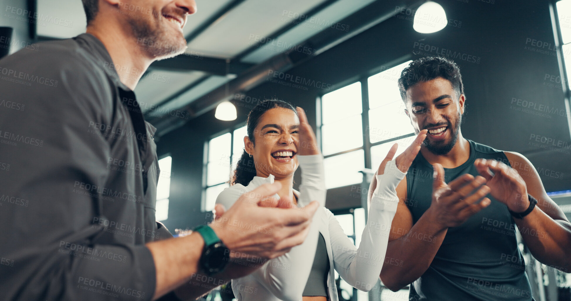 Buy stock photo Fitness, group and applause with support at gym for exercise progress, training milestone and happy. Sports club, people and celebration for teamwork goals, workout achievement or performance success