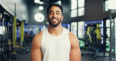 Buy stock photo Fitness, man and happy with portrait at gym for bodybuilding membership, health training and about us. Personal trainer, athlete and smile at sports club for exercise routine and muscle development