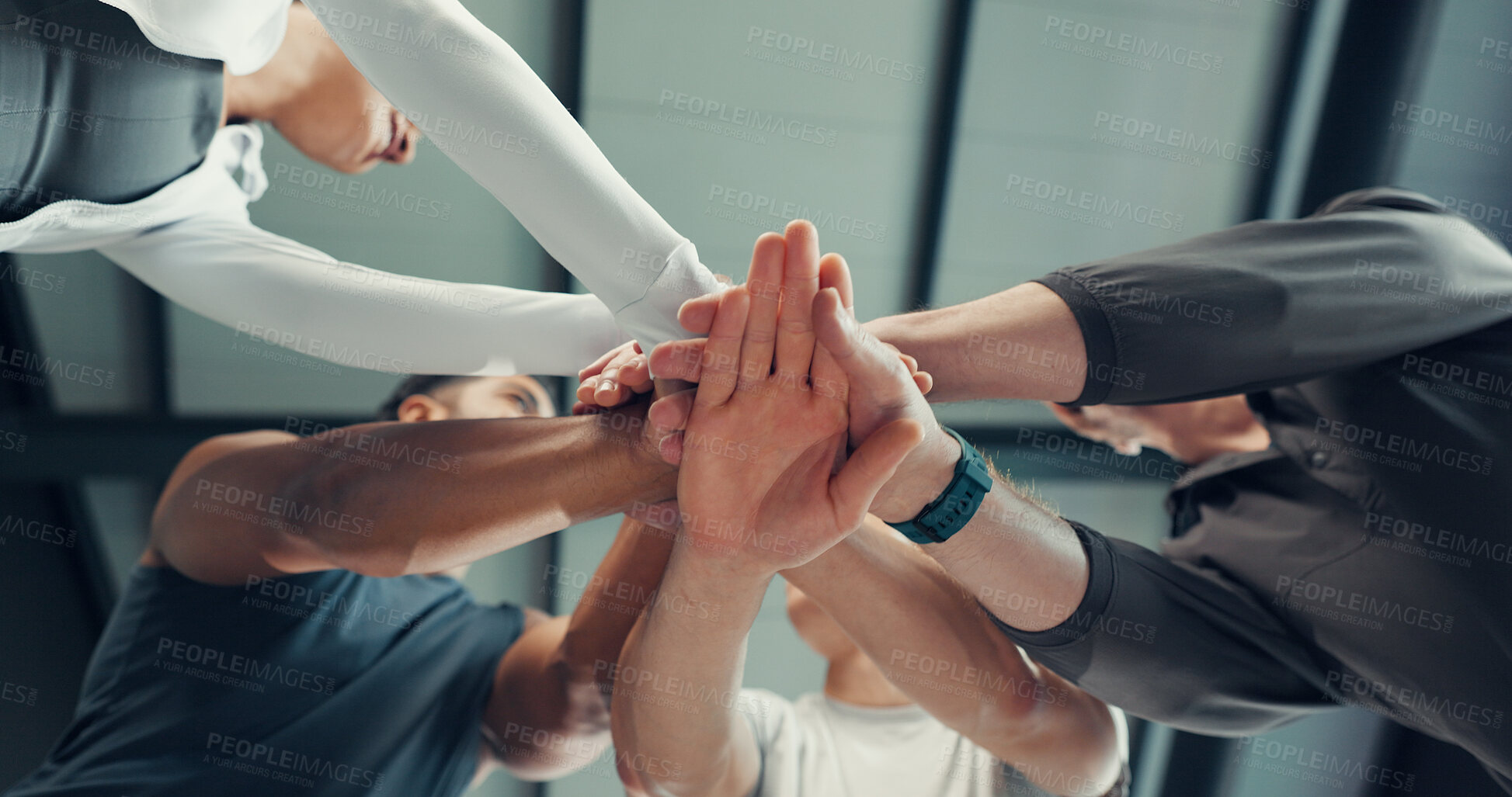 Buy stock photo Fitness, team or hands together in support at gym for exercise victory, success or workout goals. Group, low angle and people with huddle at sports club for training celebration or wellness community