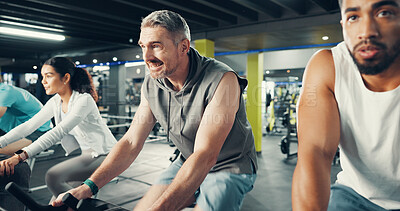 Buy stock photo Spin class, fitness and people in gym on bicycle for exercise, cardio workout and training. Sports center, cycling and woman with men on stationary bike for endurance challenge, health and wellness