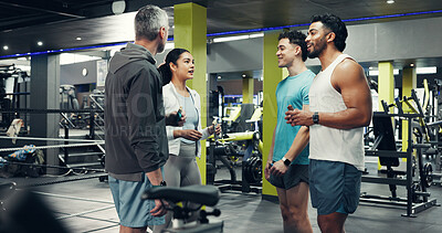 Buy stock photo Group, athlete and people talk in gym for fitness, exercise advice and training feedback. Men, woman and discussion for sports workout, physical activity and tips for strong muscle in health centre