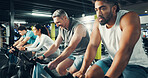 Exercise bike, people and group in gym for fitness, intense challenge or workout for health. Cycling, man and training in sport club with stationary bicycle for spin class, cardio wellness or flare