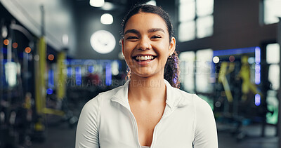 Buy stock photo Personal trainer, fitness and woman with portrait at gym for training routine, workout or pride. Health coach, athlete and smile at sports club for about us confidence, wellness or ready for exercise