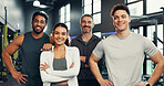 Fitness, friends and portrait of people in gym with smile for exercise, training and workout. Sports center, personal trainer and happy men and woman with confidence for wellness, health and support