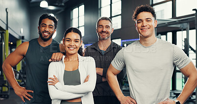 Buy stock photo Fitness, friends and portrait of people in gym with smile for exercise, training and workout. Sports center, personal trainer and happy men and woman with confidence for wellness, health and support
