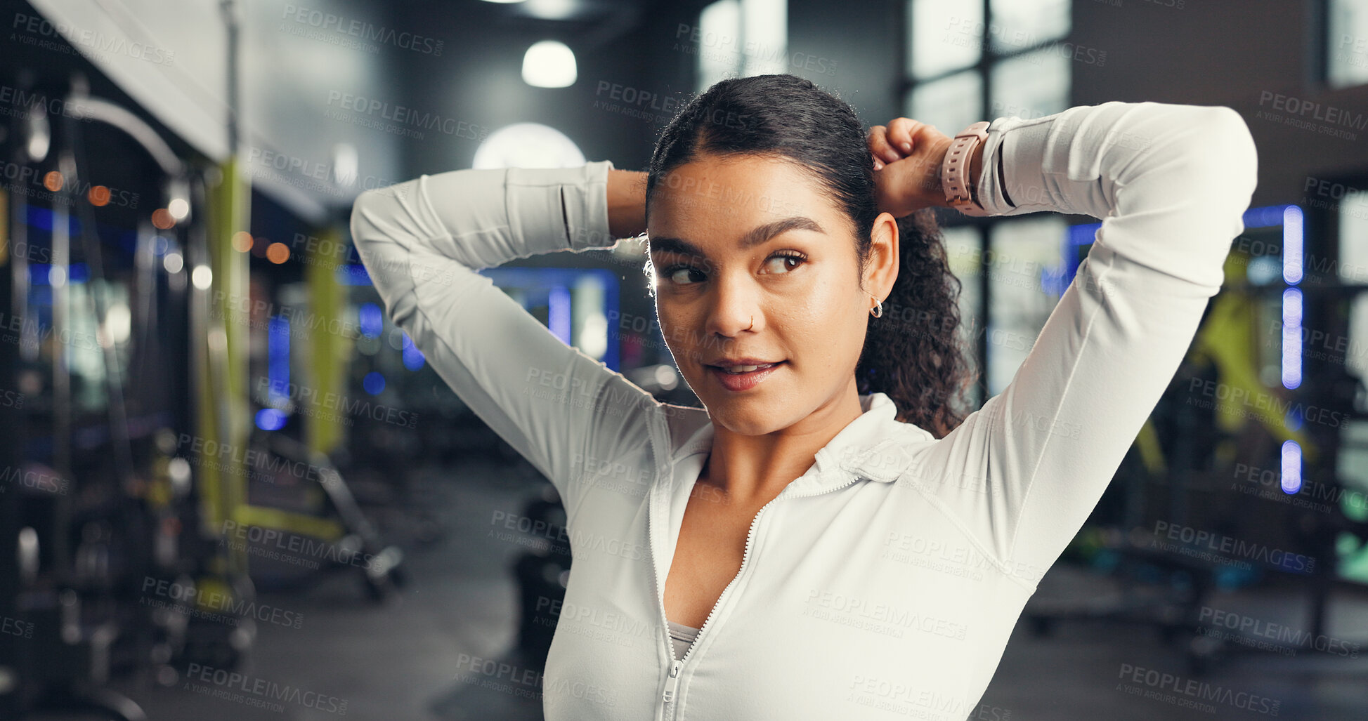 Buy stock photo Woman, thinking or fitness in gym with smile, fixing hair and ready for challenge or inspiration for health. Sport, athlete and start exercise at club with ideas for training, wellness and confidence