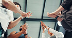 Clapping hands, fitness and people in gym with goals, challenge or celebration for workout. Solidarity, applause and athletes cheering for health, training or exercise in sports center from below.