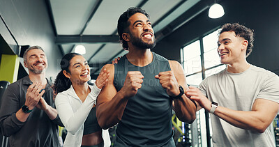 Buy stock photo Fitness, celebrate and friends in gym with applause for exercise, training and workout success. Sports, athletes and men and woman clapping hands for wellness achievement, health goals and support