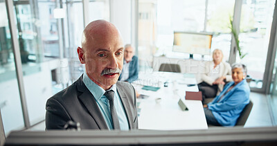 Buy stock photo Businessman, coaching and meeting with team on whiteboard for presentation or staff training. Mature, man or mentor in group conference for company workshop, project strategy or ideas in workplace