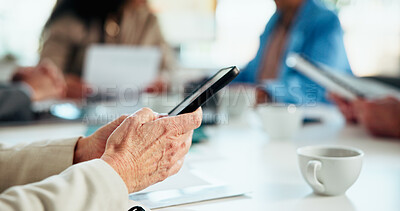 Buy stock photo Meeting, phone and hands of business person in office for communication or contact for finance deal. Tech, texting and financial manager with email on cellphone for investment proposal in workplace.