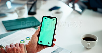 Buy stock photo Person, hands or phone screen with mockup in office for UI marketing or data platform. Advertising, employee or analyst with mobile smartphone display, space or UX design for testing app in workplace