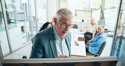 Buy stock photo Businessman, writing and meeting with team on whiteboard for presentation or staff training. Mature, man or coaching in group conference for company workshop, project strategy or ideas in workplace