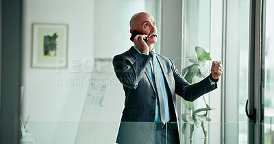 Buy stock photo Business, phone call and window with mature man in office for contact, negotiation or update. Conversation, planning and thinking with corporate employee in workplace for mobile project management
