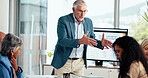 Businessman, mentor or meeting with team for presentation on business strategy in office. Mature, man or coaching group of employees in conference for company growth, project or proposal in workplace