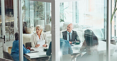 Buy stock photo Business, people and meeting with document in office for finance pitch, investment request or above. Stakeholder, team and paperwork in boardroom for funding negotiation, budget proposal and feedback