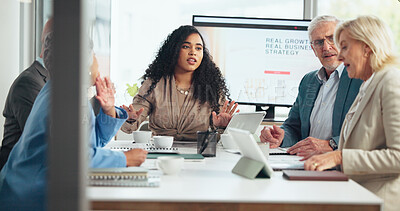 Buy stock photo Disagreement, documents and meeting with business people in office boardroom for growth or strategy. Conversation, discussion and paperwork with employee team in workplace for conflict resolution