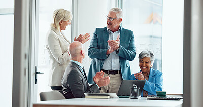 Buy stock photo Applause, celebration or excited business people in office for success, win or financial goal. Happy team, clapping or cheering for investment, target or profit growth with mature broker on laptop