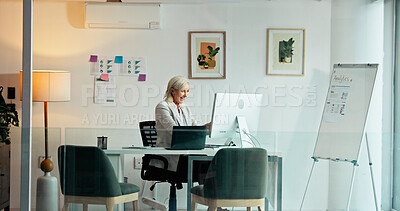 Buy stock photo Business, smile and woman in office, computer and investment with profit growth. Mature person, online accounting and happy employee in workplace, pc and research for trading, stock market and email