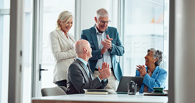Buy stock photo Applause, group celebration or excited business people in office for success, win or financial goal. Happy team, clapping or cheering for investment, target and laughing with mature broker on laptop