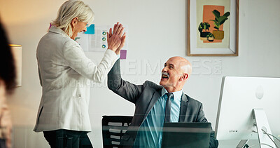 Buy stock photo High five, celebration or excited business people in office for success, win or financial goal. Happy team, hands together or achievement for investment, target or reward with mature broker on laptop