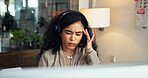 Frustrated woman, consultant and headache with headset for stress, burnout or fatigue in office. Female person, agent or anxiety with migraine in call center for strain, pressure or target deadline