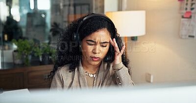 Buy stock photo Frustrated woman, consultant and headache with headset for stress, burnout or fatigue in office. Female person, agent or anxiety with migraine in call center for strain, pressure or target deadline