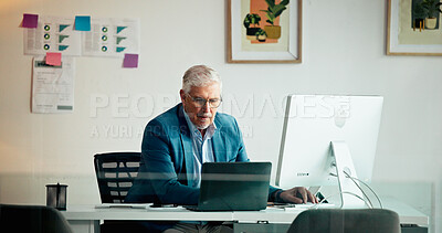 Buy stock photo Business, online reading and man in office, computer and investment with trading, email and internet. Mature person, financial agent and employee with laptop, connection and research for stock market