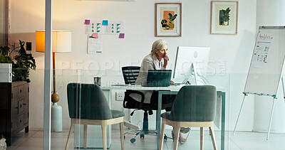 Buy stock photo Business, thinking and woman in office, computer and online reading with profit growth. Mature person, accounting and employee with PC, decision and research for trading, problem solving and email