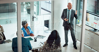 Buy stock photo Presentation, workshop and speaker with business people in office for discussion, planning and project management. Corporate, teamwork and mentor with screen for brainstorming, strategy and meeting