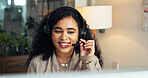 Happy woman, consultant and headset with mic in call center office for virtual assistance or help. Female person, agent or communication with smile for online advice or customer service in workplace
