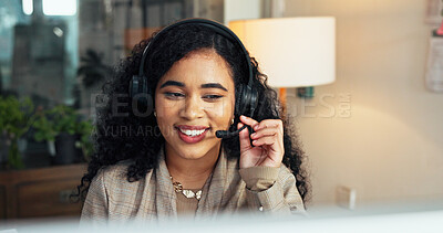 Buy stock photo Happy woman, consultant and headset with mic in call center office for virtual assistance or help. Female person, agent or communication with smile for online advice or customer service in workplace