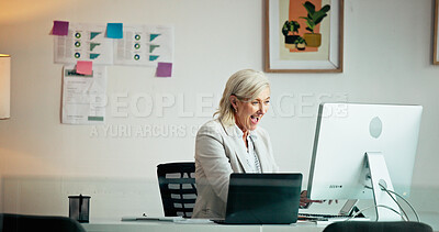 Buy stock photo Excited, employee and woman with computer in office, sales manager or notification for bonus or win. Reading, email and job promotion for mature person, account executive and happy for achievement