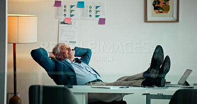 Buy stock photo Stretching, relax and mature business man finish financial analysis for trading or project. Calm, waiting and happy stock broker in office with complete work for investment, break or feet up for rest