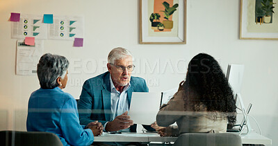 Buy stock photo Business, people and meeting in office with paperwork, performance review and financial feedback. Mature CEO, employees and tech in workplace with document, task delegation and plan for development