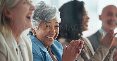 Buy stock photo Happy woman, meeting or team with applause for winning, business success or congratulations. Female person, employees or clapping with smile for group presentation, achievement or promotion in office