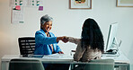 Happy woman, interview and office with handshake for greeting, meeting or introduction. Female person, employees or colleagues shaking hands with smile for hiring, recruiting or contract agreement