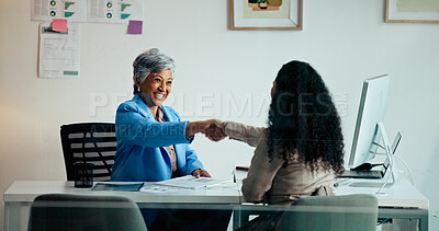Buy stock photo Happy woman, interview and office with handshake for greeting, meeting or introduction. Female person, employees or colleagues shaking hands with smile for hiring, recruiting or contract agreement