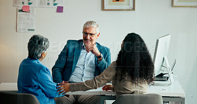 Buy stock photo Business, people and happy in office for meeting, performance review and financial feedback. Mature CEO, employees and technology in workplace for introduction, proposal and smile for development