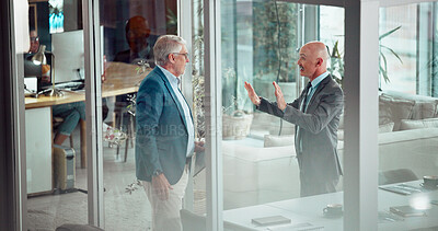 Buy stock photo Business, men and stop argument in office with warning, prevent flight and dispute management. Mature people, male manager and mediation for problem solving, conflict resolution and staff compromise
