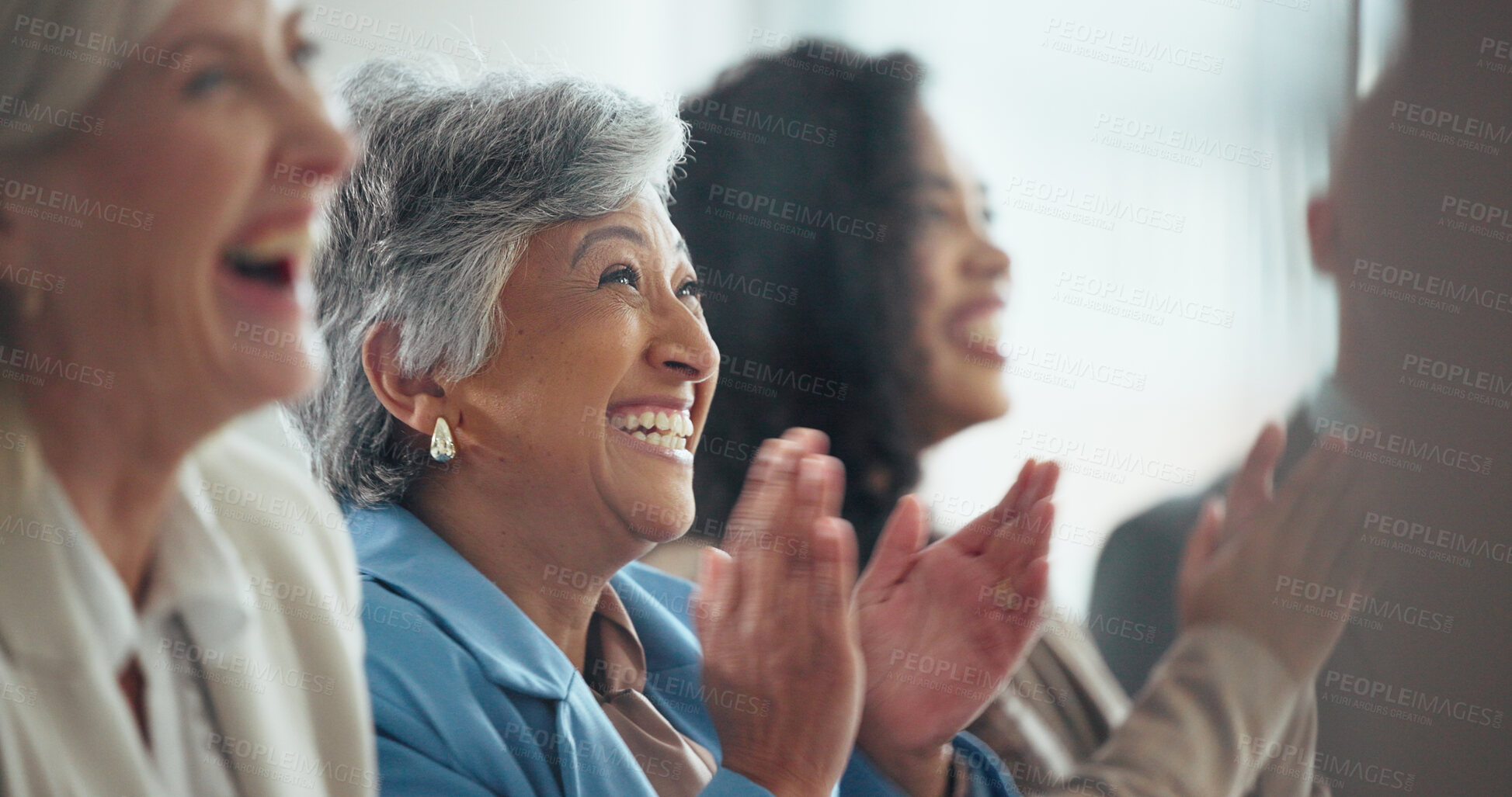 Buy stock photo Applause, audience and laughing with business woman in convention center for seminar or workshop. Clapping, conference and funny with mature corporate employee in crowd of auditorium for presentation