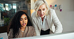 Manager, intern and training businesswoman with computer for help, financial advice or feedback. Mentor, technology or coaching with team for planning, investment or assistance with project in office