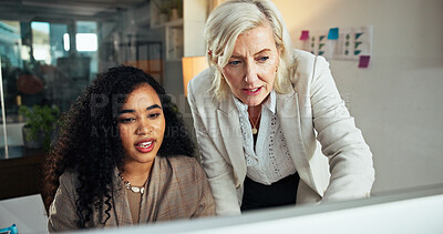 Buy stock photo Manager, intern and training businesswoman with computer for help, financial advice or feedback. Mentor, technology or coaching with team for planning, investment or assistance with project in office