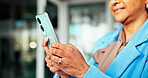 Hands, phone and business woman in office for online info, text or email for investment banking. Mobile, banker and message with app for networking, financial communication and check schedule