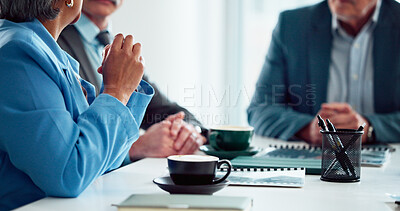 Buy stock photo Hands, discussion and business people in meeting, planning and financial agency for budget report. Coffee, accounting and employees in office, cooperation and feedback for funding proposal and profit
