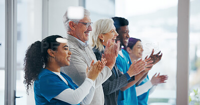Buy stock photo Clapping hands, board meeting and doctors in clinic with healthcare funding opportunity. Applause, discussion and medical employees with celebration for good news, achievement or goals in hospital.
