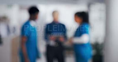 Buy stock photo Blur, nurses and woman with tablet for healthcare tasks, schedule or agenda for medical practice. People, tech and director with health professional team for delegation, meeting or advice at clinic