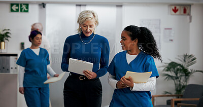 Buy stock photo Women, nurse and tablet with hospital manager for planning, surgery schedule and patient report. People, digital and chart with medical results, healthcare agenda and information on operation funding